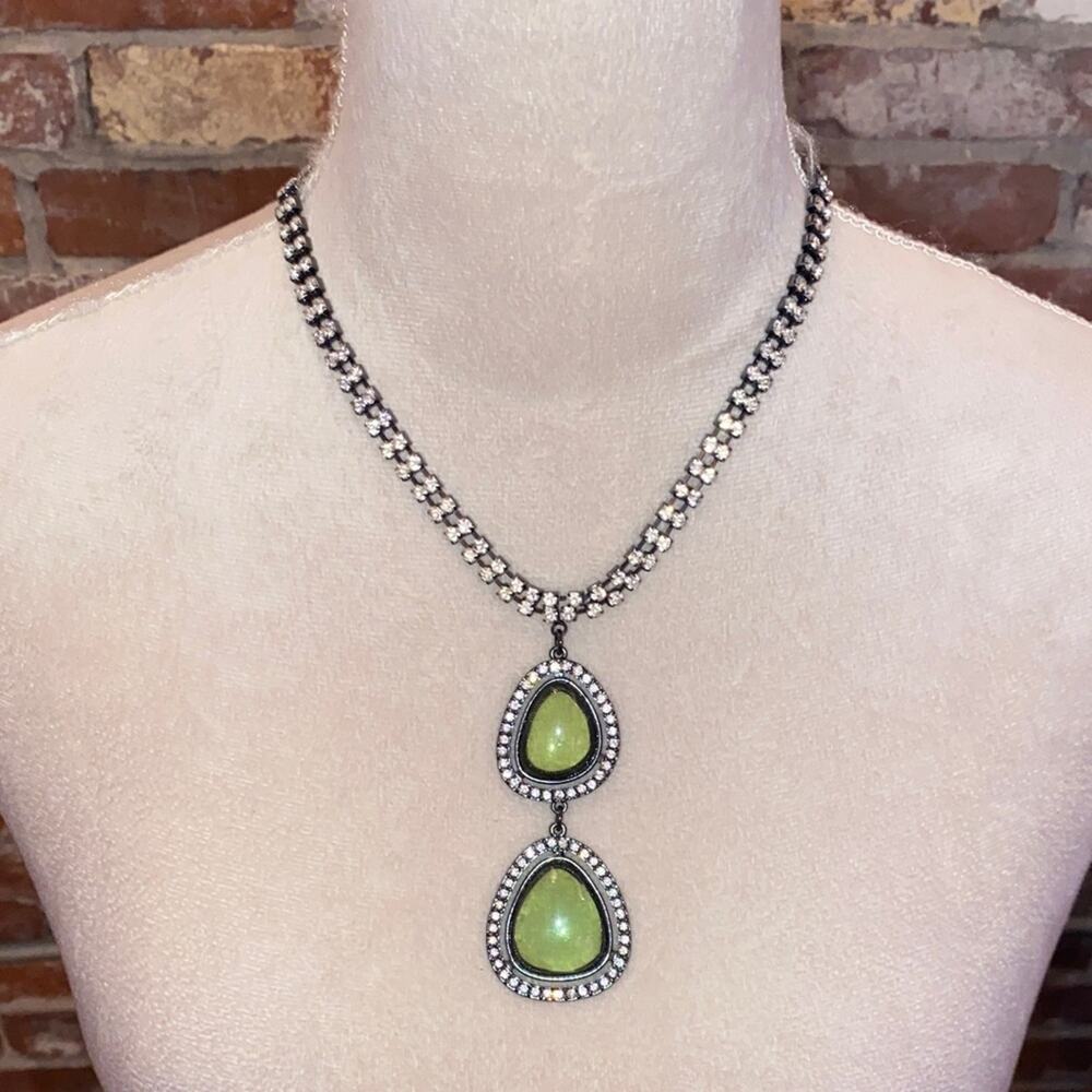 Elegant Faux Silver and Green Double Pendant Necklace with Rhinestone Chain
